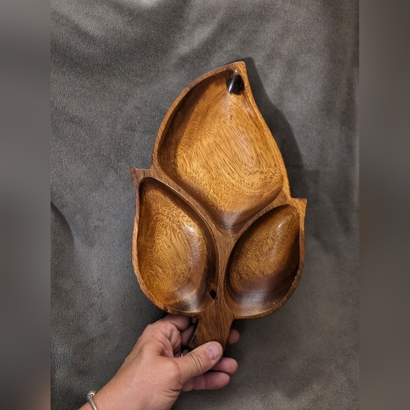 Vintage Wood Hand Carved Leaf Nut Tray Bowl Home Decor Accent - Picture 6 of 7